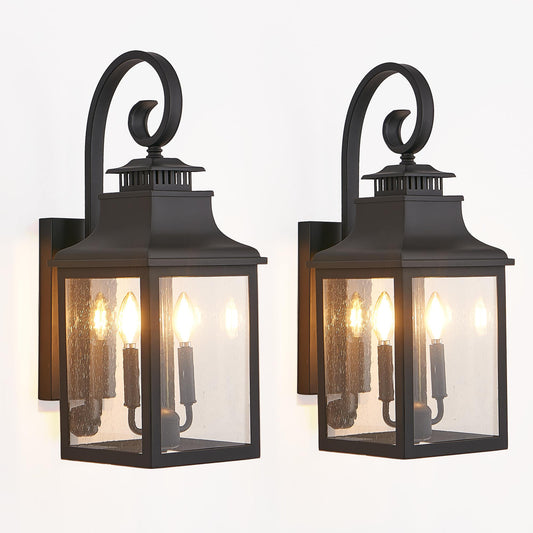 JCFL 2 - Pack Black Glass Metal Vintage Wall - Mounted Outdoor Lantern Light