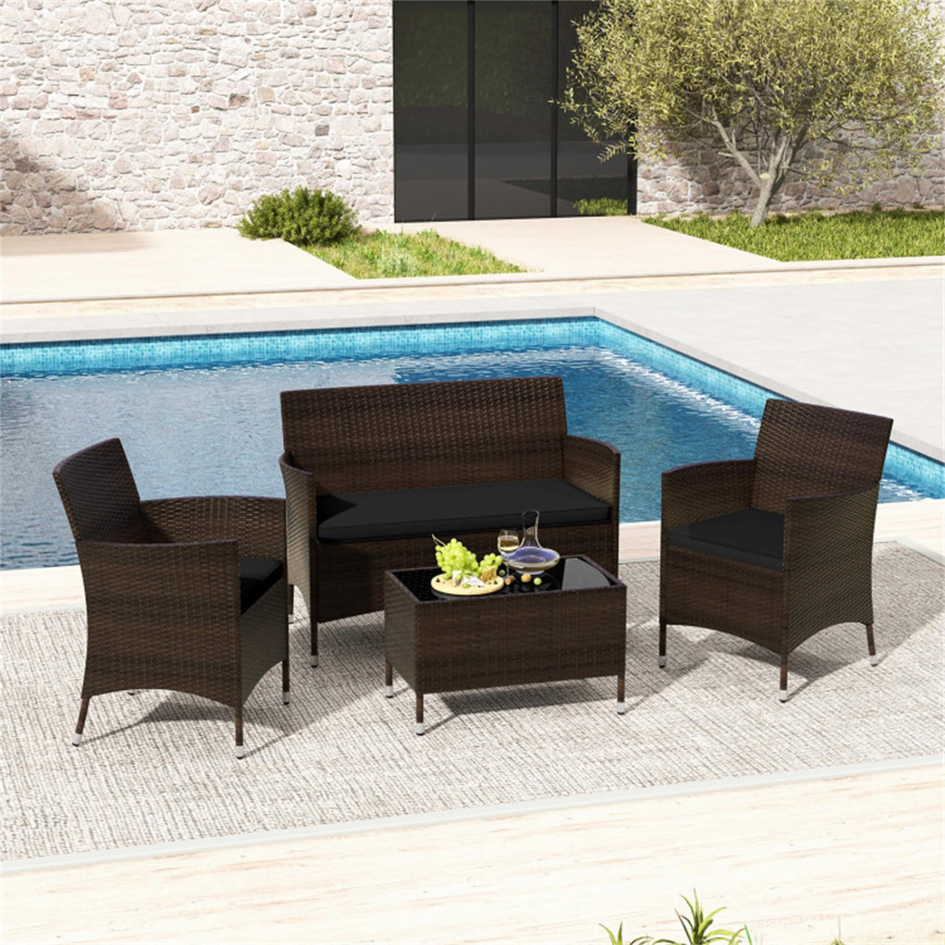 BABOOM Outdoor Rattan Sofa Set 4 -Piece Rattan Patio Conversation Set with Black Fabric Cushions