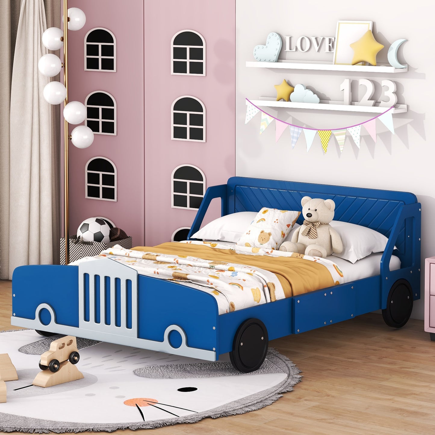 JIMSMAISON Full Blue Wood Platform Bed with Headboard