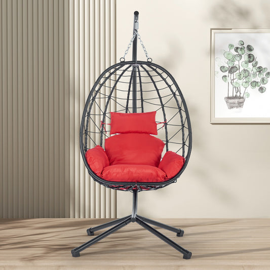 AAZJ Patio Chairs Rattan Black Steel Frame Hanging Egg Chair with Red Cushioned Seat