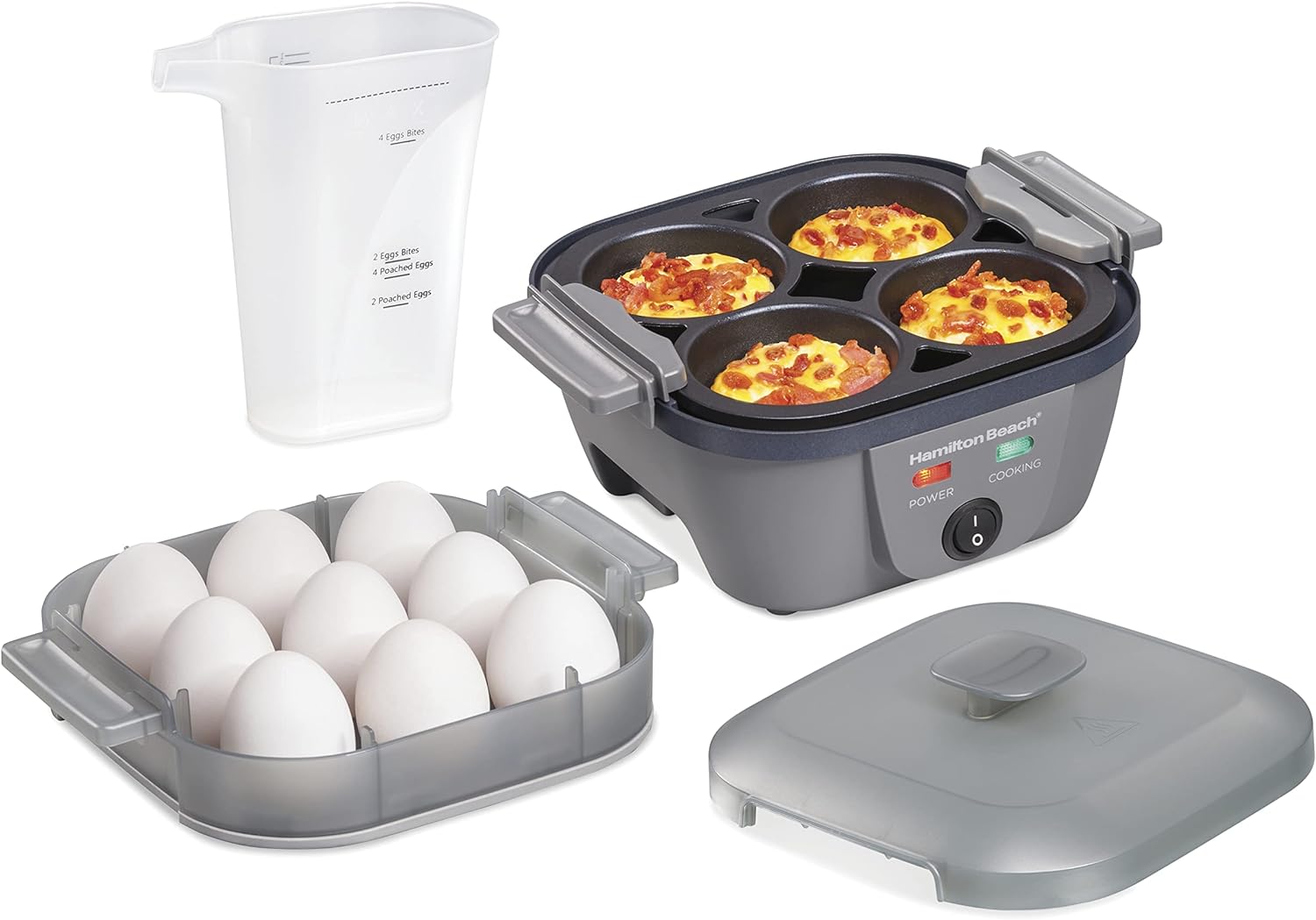Hamilton Beach 6-in-1 Electric Egg Cooker for Hard Boiled Eggs, Sous Vide Style Egg Bite Maker and Poacher, 5.25\u201D Non-Stick Skillet for Omelets, Scrambling & Frying, Grey (25510)