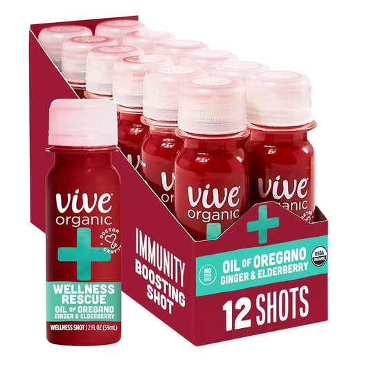 Vive Organic Immune Support Shot, Cold-Pressed Ginger, Elderberry, & Oil of Oregano, Gluten Free, Vegan, Wellness Rescue Oil of Oregano, 2 Fl Oz (Pack of 12)