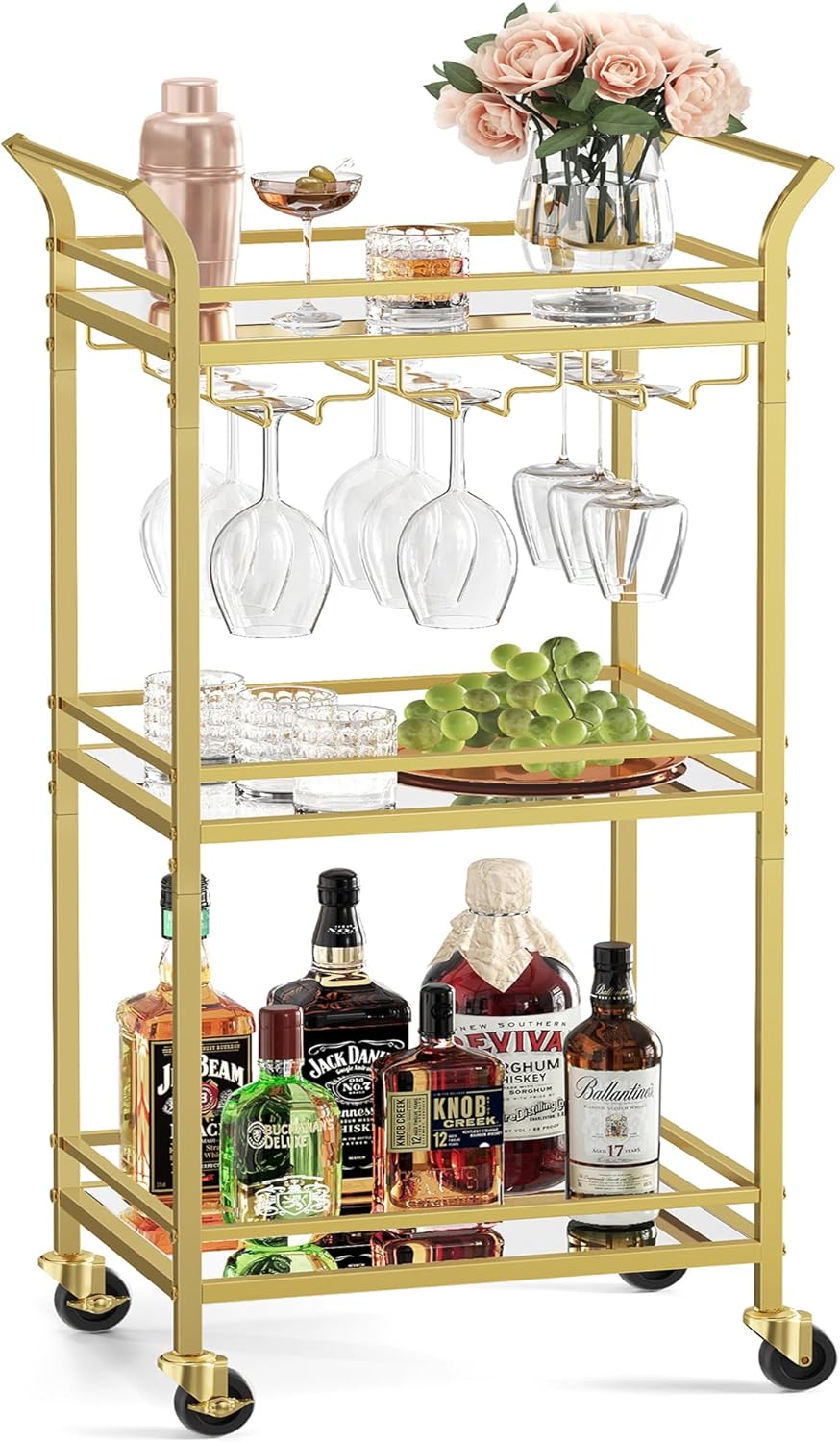 VASAGLE Bar Cart, Home Bar Serving Cart, Small Bar Serving Cart with 3-Tier Shelf, Wine Holders, Glass Holders, Mini Bar Cart for Small Spaces, Kitchen, Dining Room, Living Room, Pale Gold
