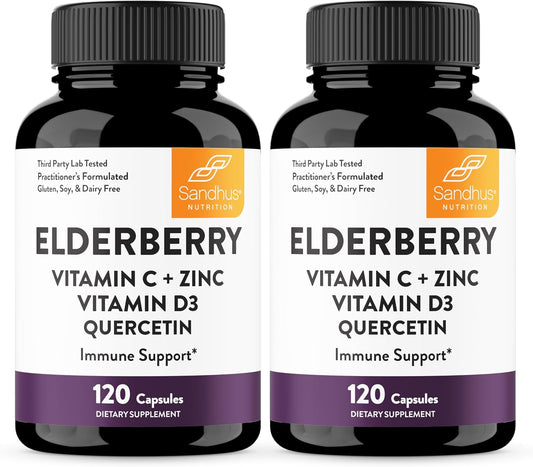 Sandhu's Elderberry Vitamin C Vitamin D3 with Zinc & Quercetin | Capsules for Men & Women | Supports Immune Health | 120 Count (Pack of 2)