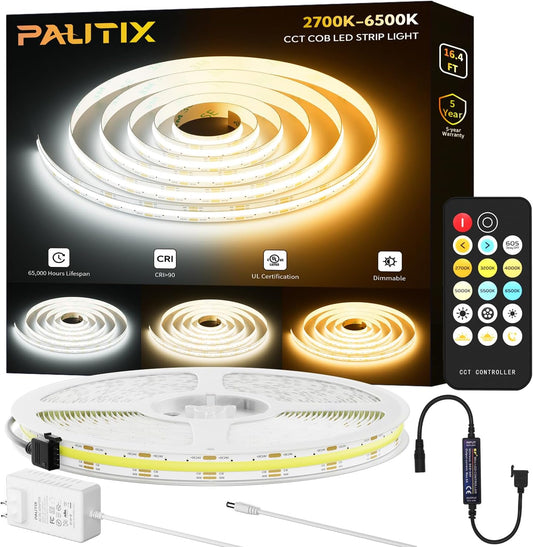 PAUTIX COB LED Strip Light 2700K-6500K CCT Tunable White UL-Listed CRI90+ 16.4ft Super Bright Dimmable 24V LED Tape Lights with RF Remote,for Under Cabinets Bedroom Kitchen TV Mirror DIY Lighting