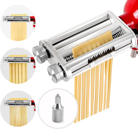 Pasta Maker for Kitchenaid Attachments, 3 in 1 Stainless Steel Pasta Attachment for Kitchenaid Stand Mixer, Included Pasta Roller, Spaghetti&Fettuccine Cutter, 1 Metal Knob Screw Replacement