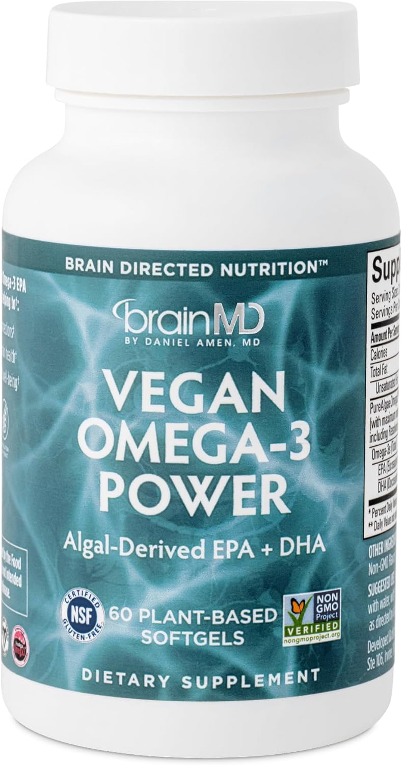 BRAINMD Dr Amen Vegan Omega-3 Power - 60 Plant-Based Softgels - 1,100 mg of EPA & DHA - Supports Focus, Memory & Heart Health - Vegan, Gluten Free & Non-GMO - 30 Servings