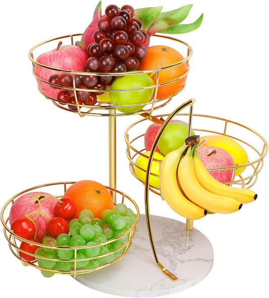 Livabber Fruit Basket Bowl with Banana Hanger, Metal Fruit Vegetable Storage Basket with Banana Holder for Kitchen Counter, Detachable Organizer for Bread Snack Produce (Gold, 3-Tier Marble Base)