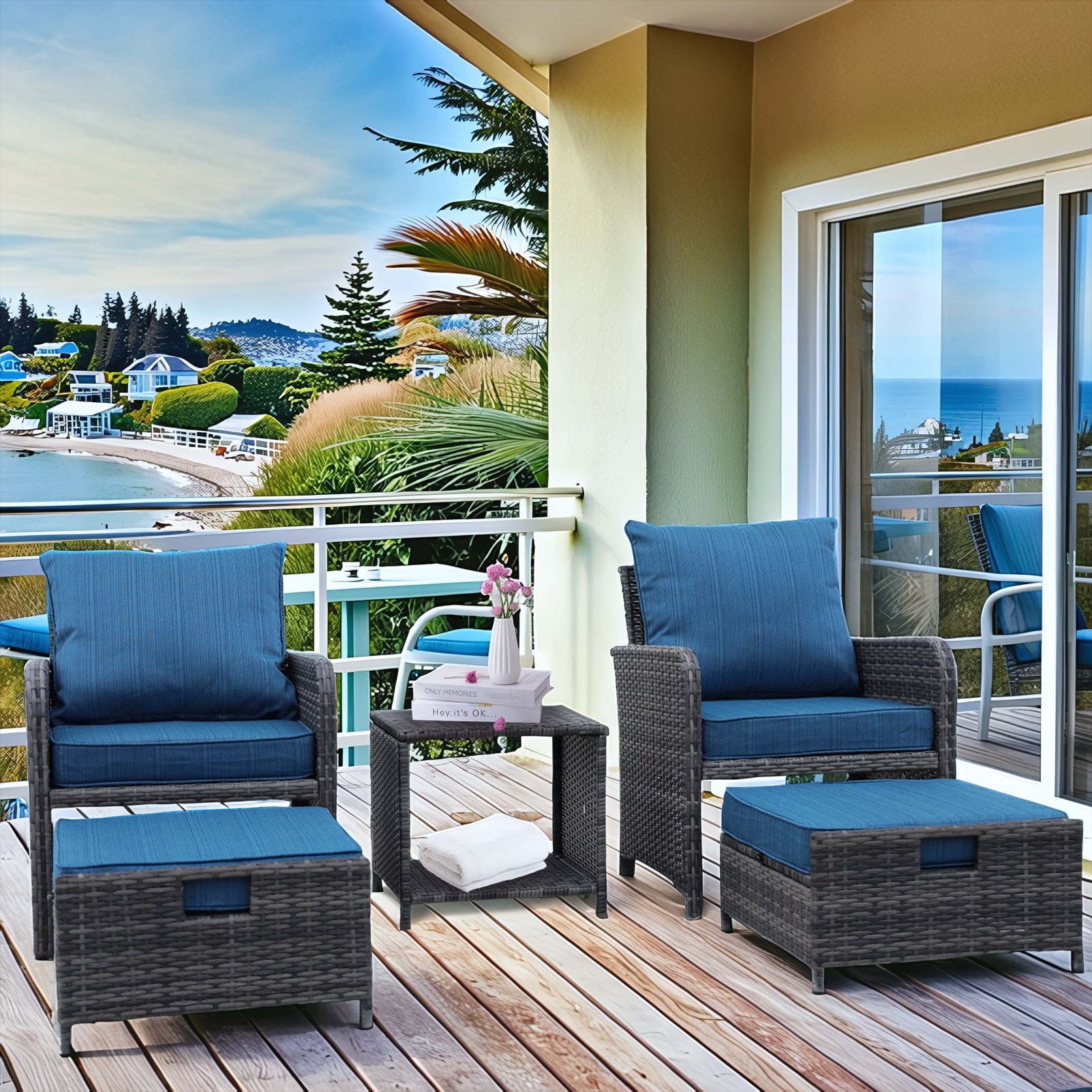 CESICIA Patio Chairs Set of 2 Rattan Grey Iron Frame Stationary Conversation Chair with Blue Cushioned Seat