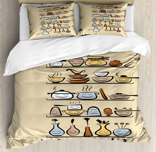 Lunarable Vintage Duvet Cover Sets, Kitchenware and Utensils Appliances Ornaments Spice Rack Funny Design Print, Bedding Set with 2 Duvet Covers 4 Pillowcases, 2 Pack Cal King Size, Brown Cream