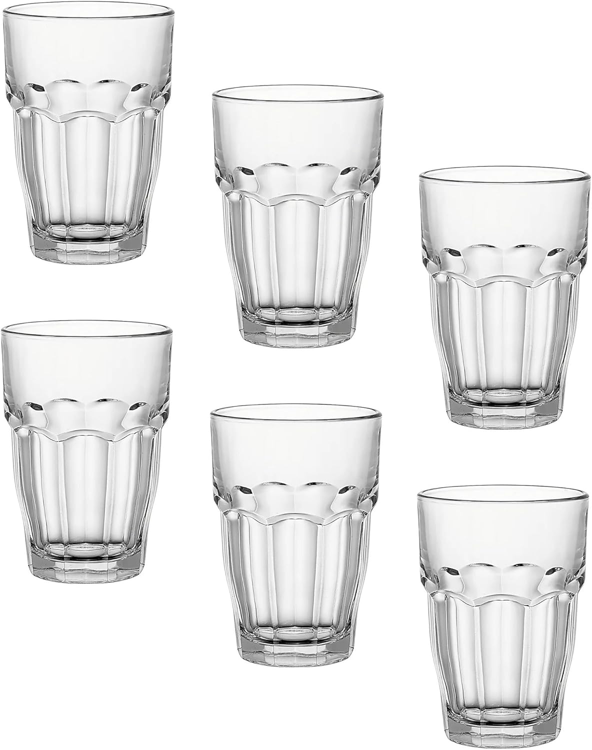 Bormioli Rocco Rock Bar Stackable Beverage, Set Of 6 Dishwasher Safe Drinking Glasses For Soda, Juice, Milk, Coke, Beer, Spirits – 12.5oz Durable Tempered Glass Water Tumblers For Daily Use