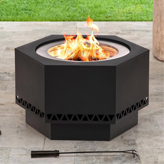 Sunjoy Fire Pit Smokeless 26 in. Hexagonal Outdoor Fire Pit, Patio Wood Burning Smokeless Firepit w\/PVC Cover and Fire Poker, Ideal for Camping, Bonfire, and Backyard, Black