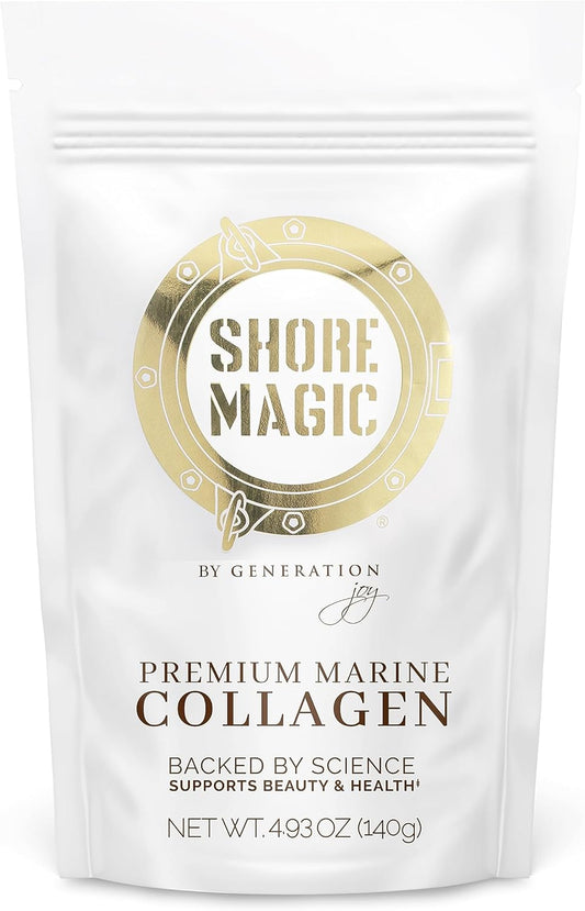 Shore Magic Premium Marine Collagen Powder with Type I II III and IV, Hydrolyzed Peptides for Women and Men, Sourced from Wild Fish, Certified Kosher, Unflavored, Sustainable 4.93 Oz Pouch