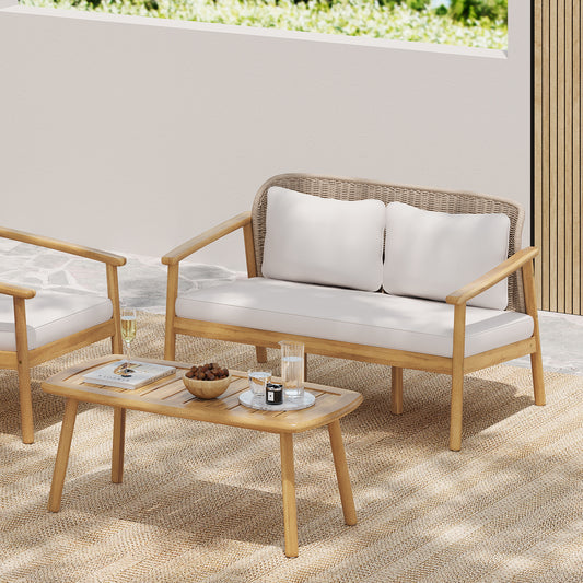 Christopher Knight Home Camille 2 Piece Outdoor Acacia Wood Conversation Set with Woven Rope Backrest and Coffee Table-Light Teak + Mix Brown + Beige