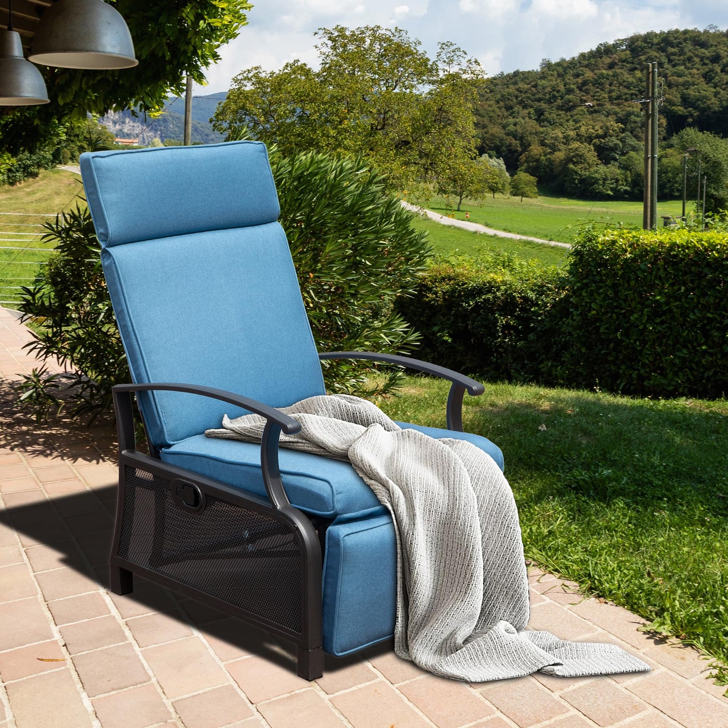 AAZJ Outdoor Lounge Chair with Flip Table Push Back Wicker blue Steel Frame Stationary Conversation Chair with Blue Solid Seat