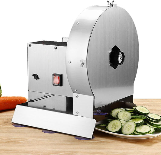 Commercial manual electric integrated fruit and vegetable slicer, stainless steel blade and food tray, slice thickness 0-12mm adjustable, suitable for fast food restaurants, restaurants
