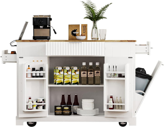 LUMISOL Kitchen Island on Wheels with Trash Can Storage Cabinet, for 10 Gallon Garbage Bin, Rolling Kitchen Island Cart with Internal Storage Rack, Power Outlet, 3 Drawers and Open Side Racks, White