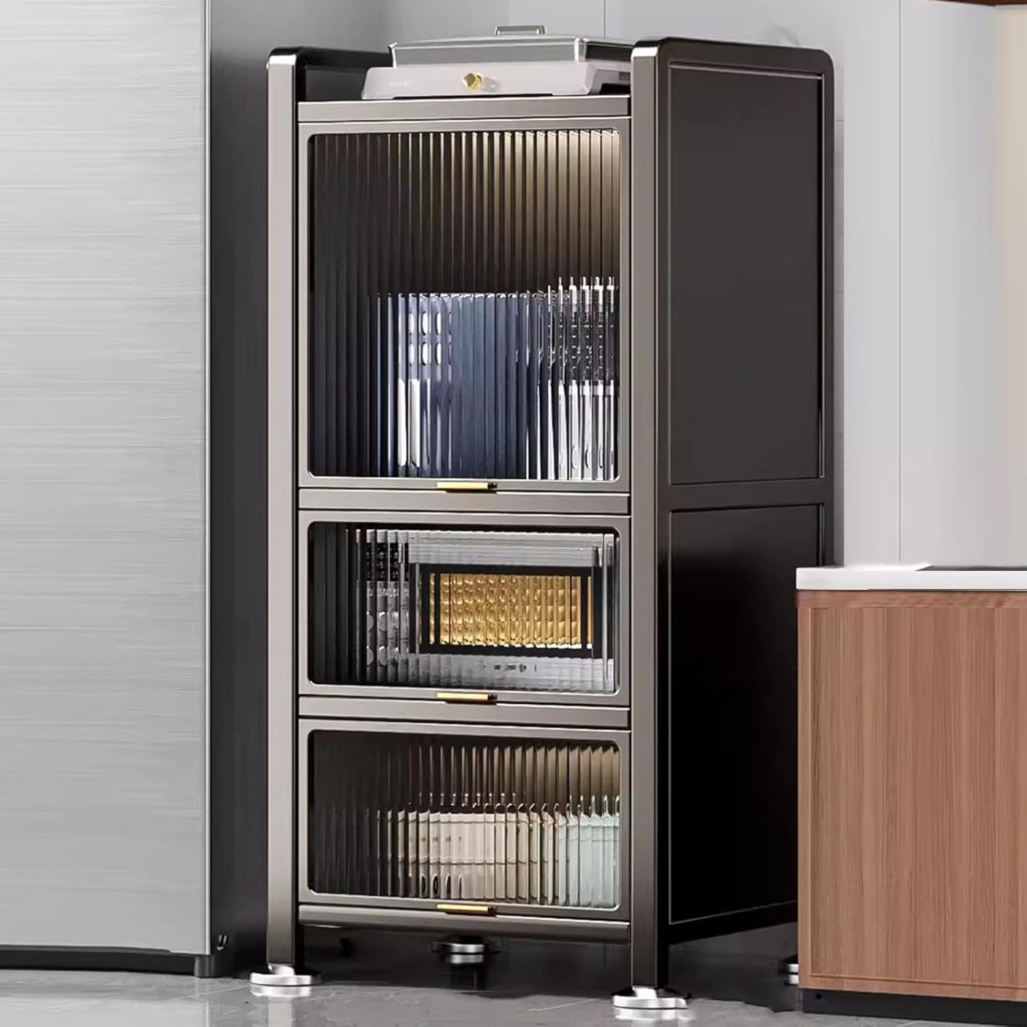 Microwave Stand Microwave Oven Rack,Kitchen Storage Cabinet - Bakers Rack Countertop, 4-Tier\/5-Tier Microwave Stand, with Flip Door Cabinet, Kitchen Storage Shelf Rack for Spices, Pots and P