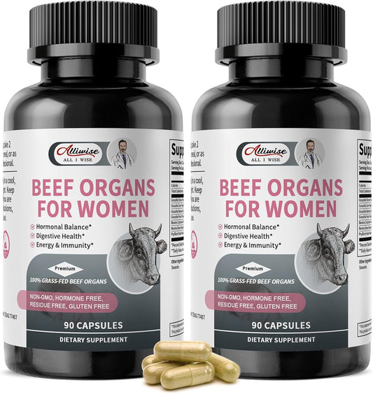 Beef Organ Supplement for Women - Grass Fed Beef Liver Uterus* Adrenals Heart Bone Marrow Colostrum for Female Hormo*nal Diges*tive Ener*gy Immunity* Beauty* | Non-GMO Gluten-Free (90 Capsules*2 Pack)