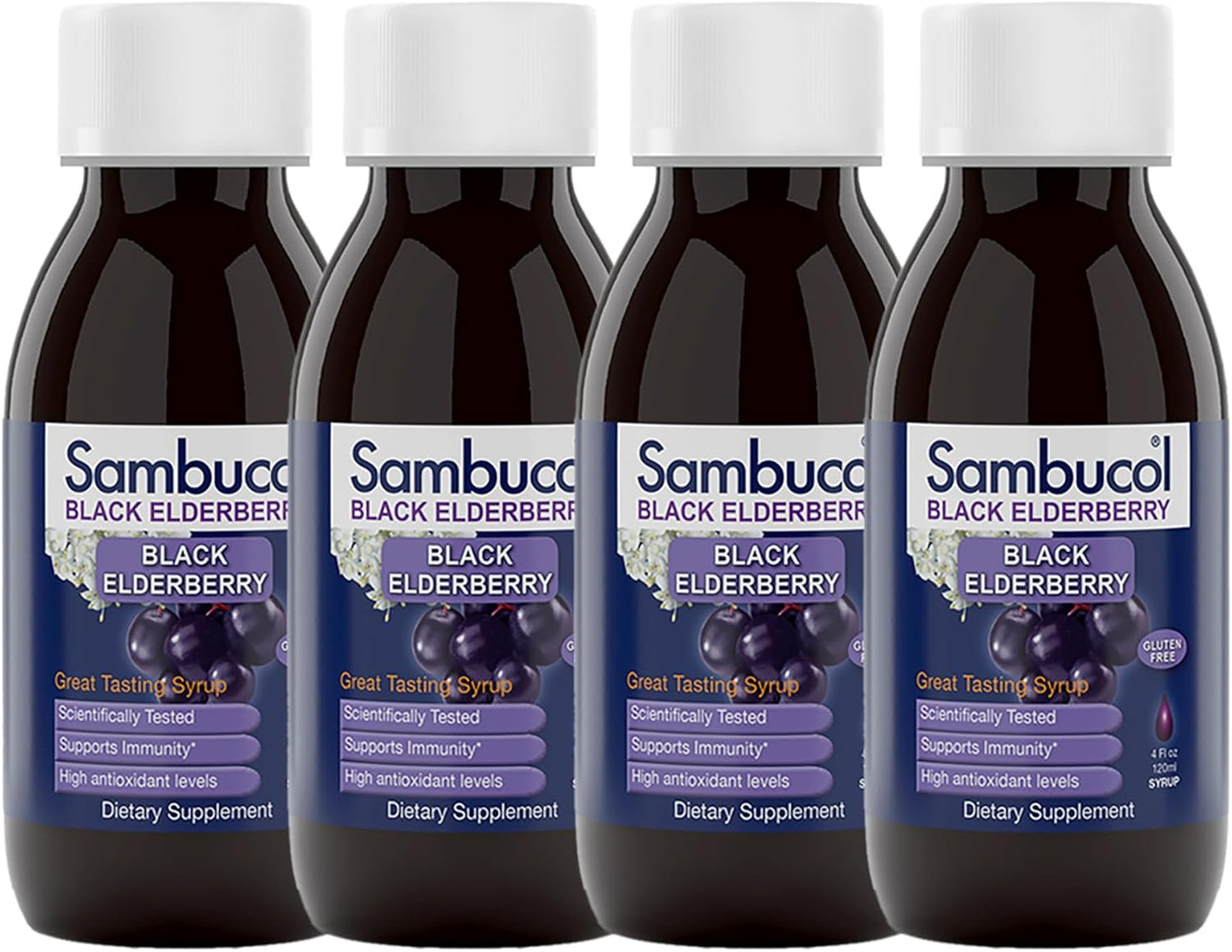 Sambucol Black Elderberry Syrup - Sambucus Elderberry Syrup, Black Elderberry Liquid, Immune Support for Kids and Adults, High Antioxidants, Gluten Free - Original Formula, 4 Fl Oz, 4-Pack