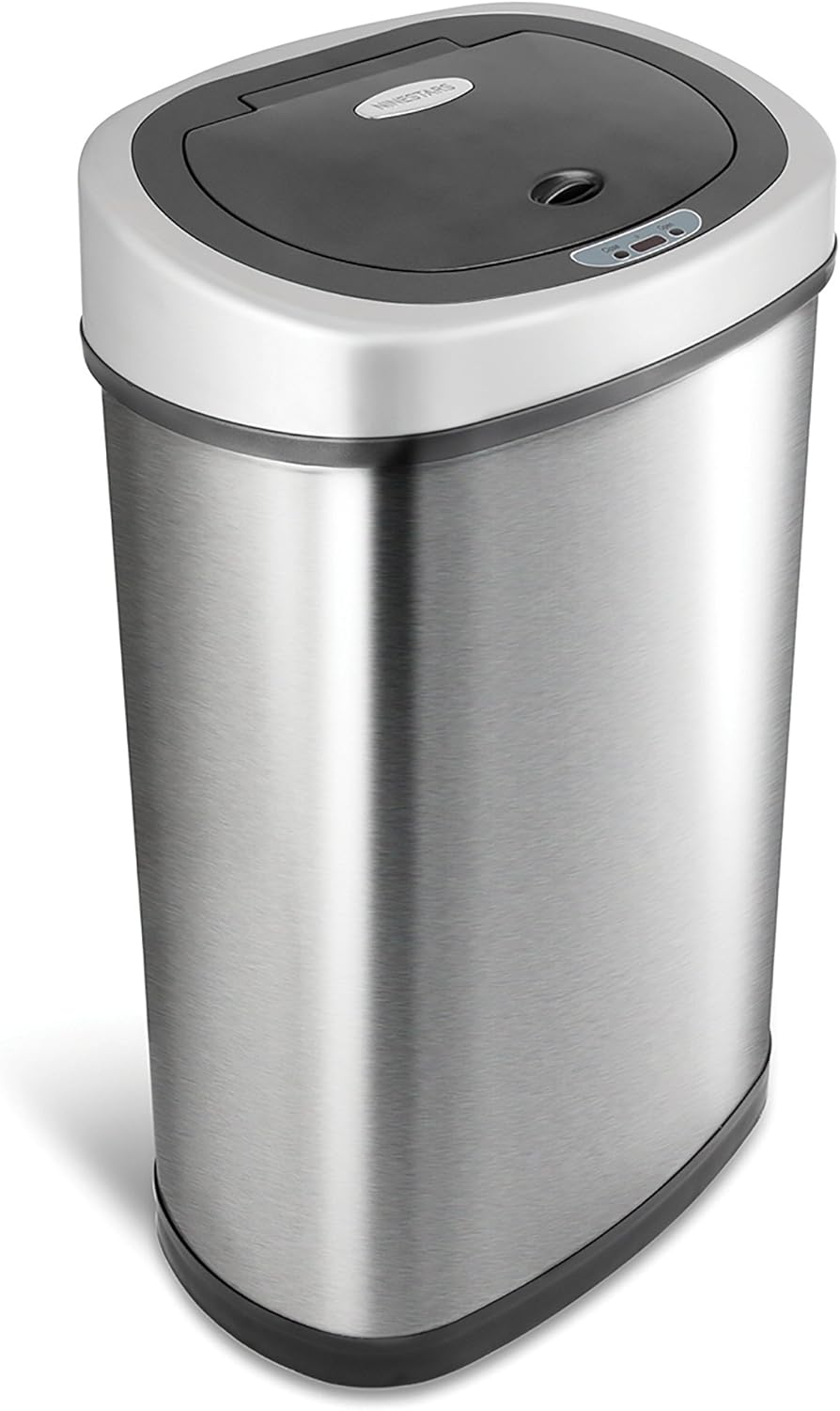 NINESTARS DZT-50-9 Automatic Touchless Infrared Motion Sensor Trash Can, 13 Gal 50L, Stainless Steel Base (Oval, Silver\/Black Lid)