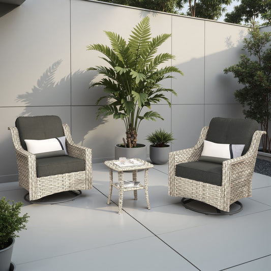 weaxty Aireno Set of 2 Wicker Black Steel Frame Swivel rocker Conversation Chair with Black Cushioned Seat