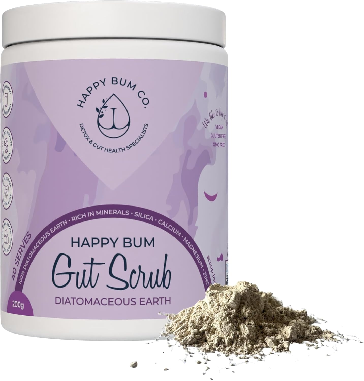 Happy Bum Gut Scrub - Diatomaceous Earth Food Grade for Humans | Mineral Powder Supports Gut Health, Bloating Relief | Rich in Silica, Zinc & Minerals for Healthy Hair, Skin, Nail - 150g