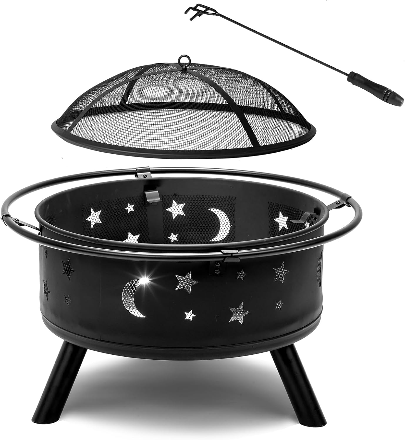 30-inch Portable Outdoor Fire Pit, Star Ventilation Mesh Wood Burning Firepit with Spark Screen and Outer Ring & Poker, Heavy-Duty Courtyard Metal Brazier for Backyard Camping Patio (Black)