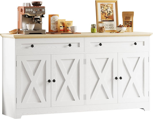IRONCK Buffet Cabinet with Storage, Sideboard Storage Cabinet, Kitchen Cabinet with Drawers and Doors, Natural Wood