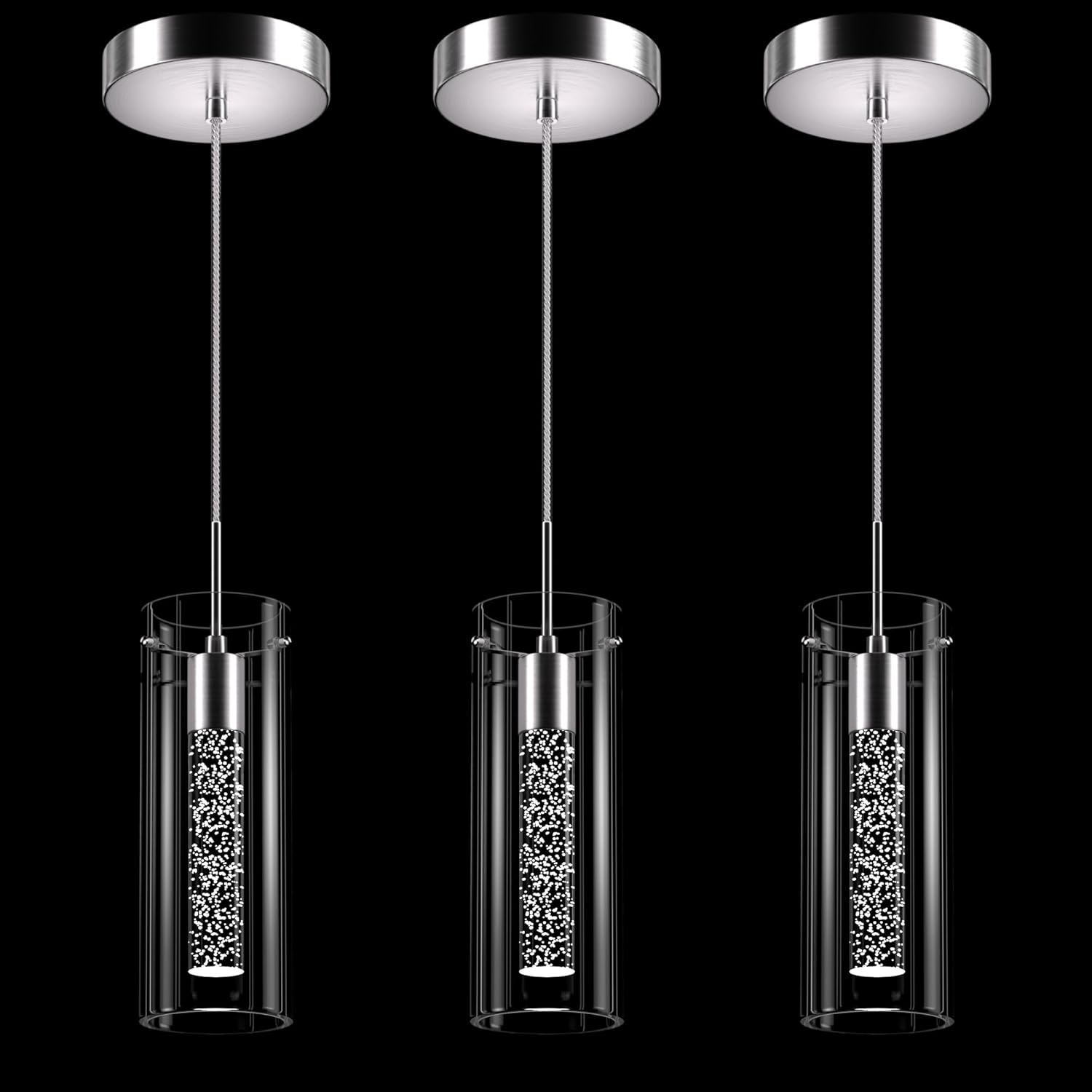 Esfos Pendant Ceiling Light Fixture, LED Kitchen Lighting Crystal Pendant Lights Kitchen Island, 1-Light Integrated Kitchen Hanging Light Fixture Modern Island Light with Bubble Glass Three Pack