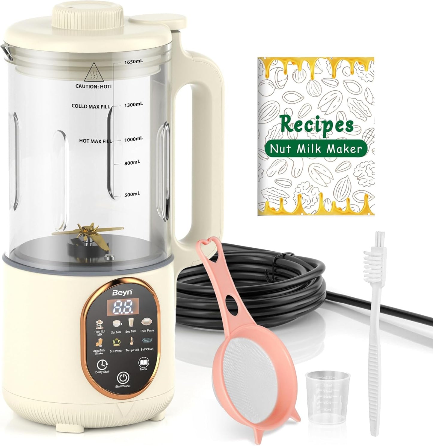 Beyn 10-in-1 Upgraded 60oz Nut Milk Maker Machine with 48-Leaf Titanium Blades，Automatic Plant-Based Milk Maker for Homemade Oat, Soy, Almond, Juice & More，Temp Hold, Delay Start, Boil &Auto Clean