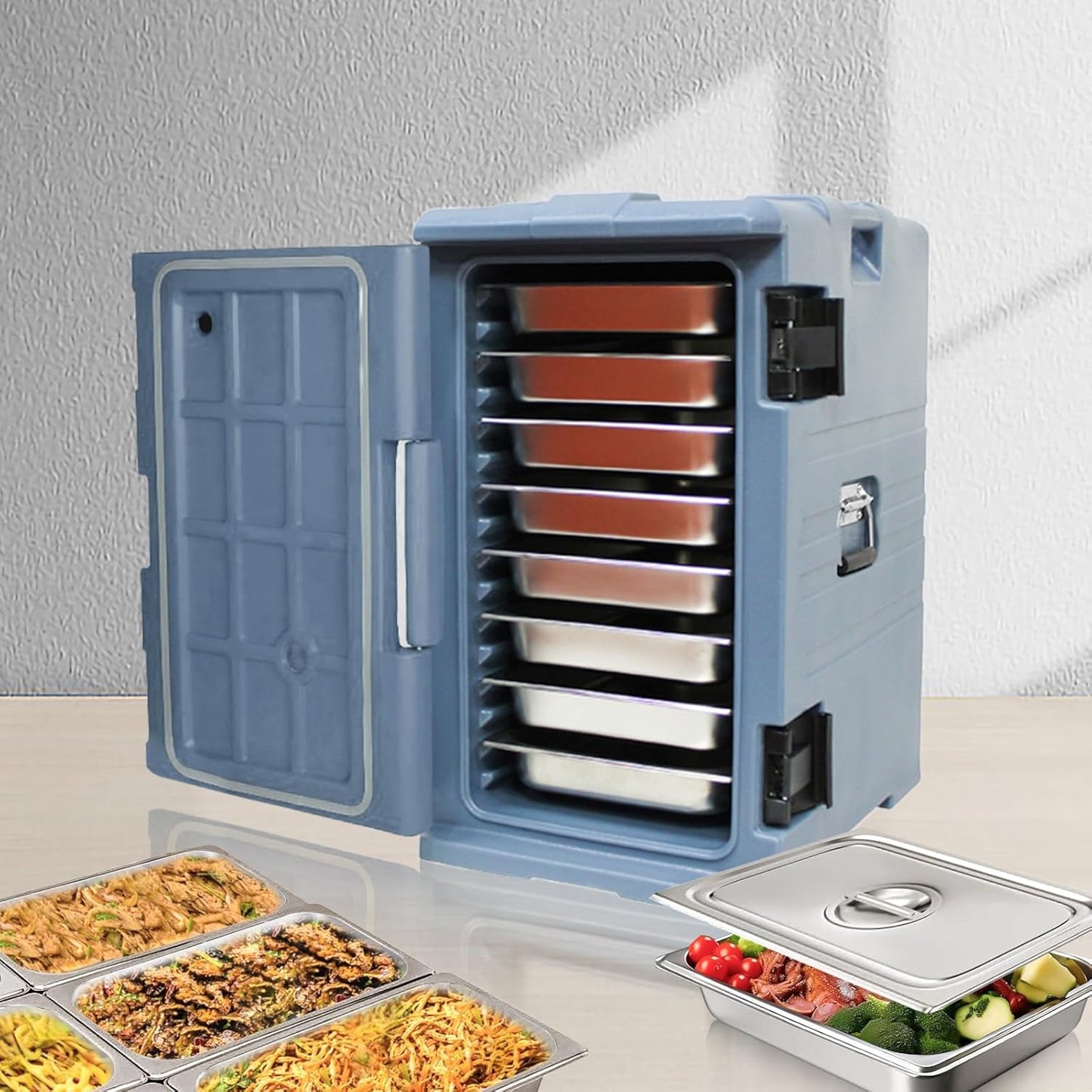 105QT Front end Loading Insulated Food pan Carrier, Catering Food Warmer. w\/8 H2.5 Hotel Pans w\/lid, Suitable for Gatherings, buffets, and Restaurants. (Light Gray, 105qt w\/8 Pans（H=2.5"）)