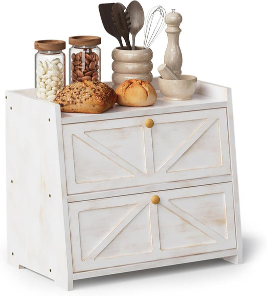 Trironsun Vintage Double Layer Bread Box for Kitchen Counter Bamboo Bread Storage Container Large Capacity Bread Storage Bin (Antique White)