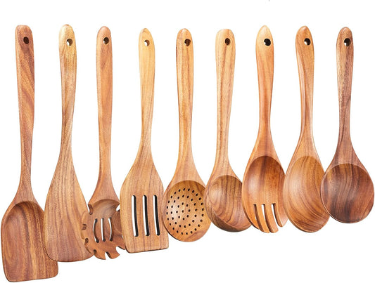 Wooden Kitchen Utensils Set,GUDAMAYE 9 PCE Natural Teak Wooden Spoons For Non-stick Pan for Cooking,