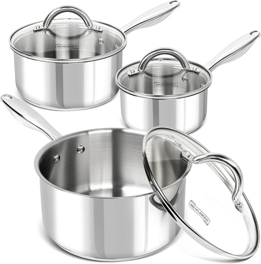 MICHELANGELO Saucepan Set 6pc, 18\/10 Stainless Steel Sauce Pan with Lid, Tri-Ply Bottom Sauce Pot Set, Nonstick Saucepan, Induction Compatible, 1QT & 2QT &3QT
