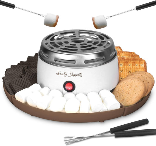 Party Desserts Electric Smores Maker Tabletop Indoor Kit, Indoor Marshmallow Roaster, Smores Station with 4 Compartment Trays & 4 Forks, Great Gift for Adults and Kids in Holidays and Parties (Brown)