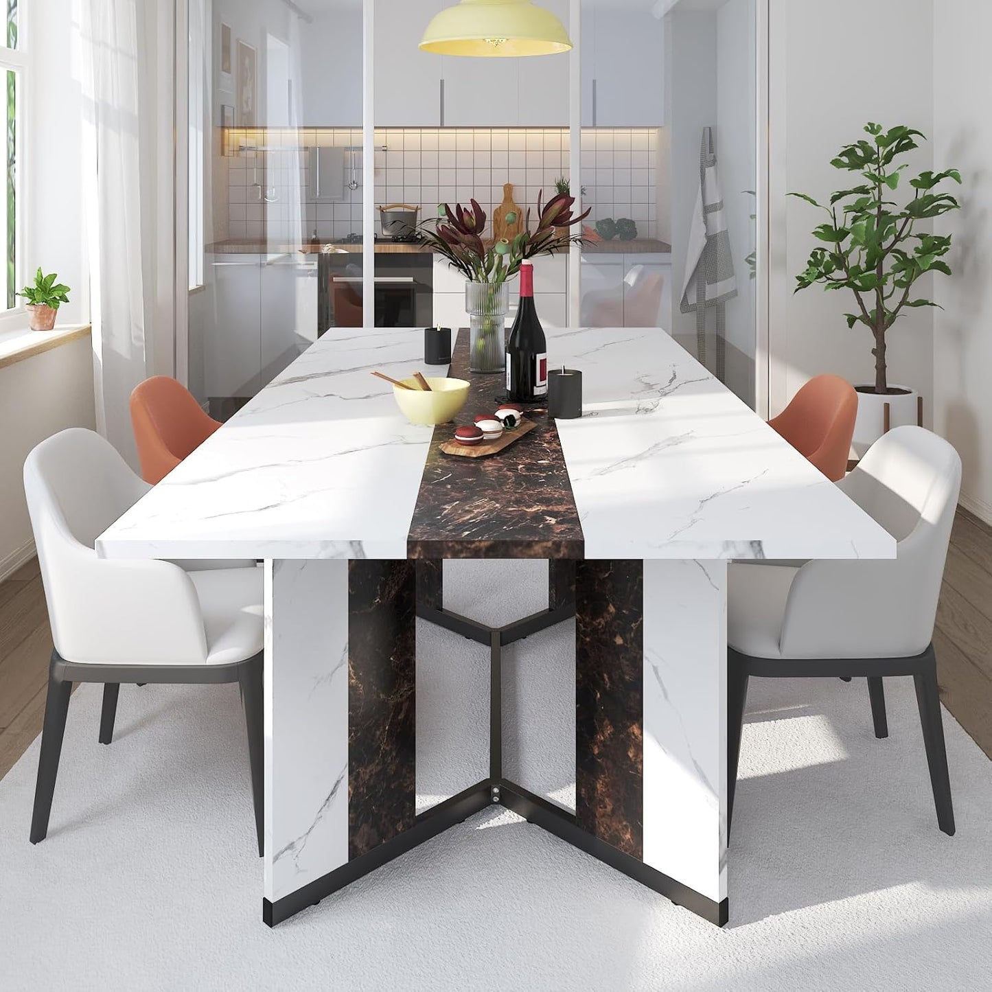 Hlivelood 71 Inch Dining Table for 6 People,Modern White Rectangular Kitchen Table W\/Waterproof Wood Tabletop,Farmhouse Long Dining Room Tables W\/Adjustable Legs&Metal Frame for Kitchen Living Room