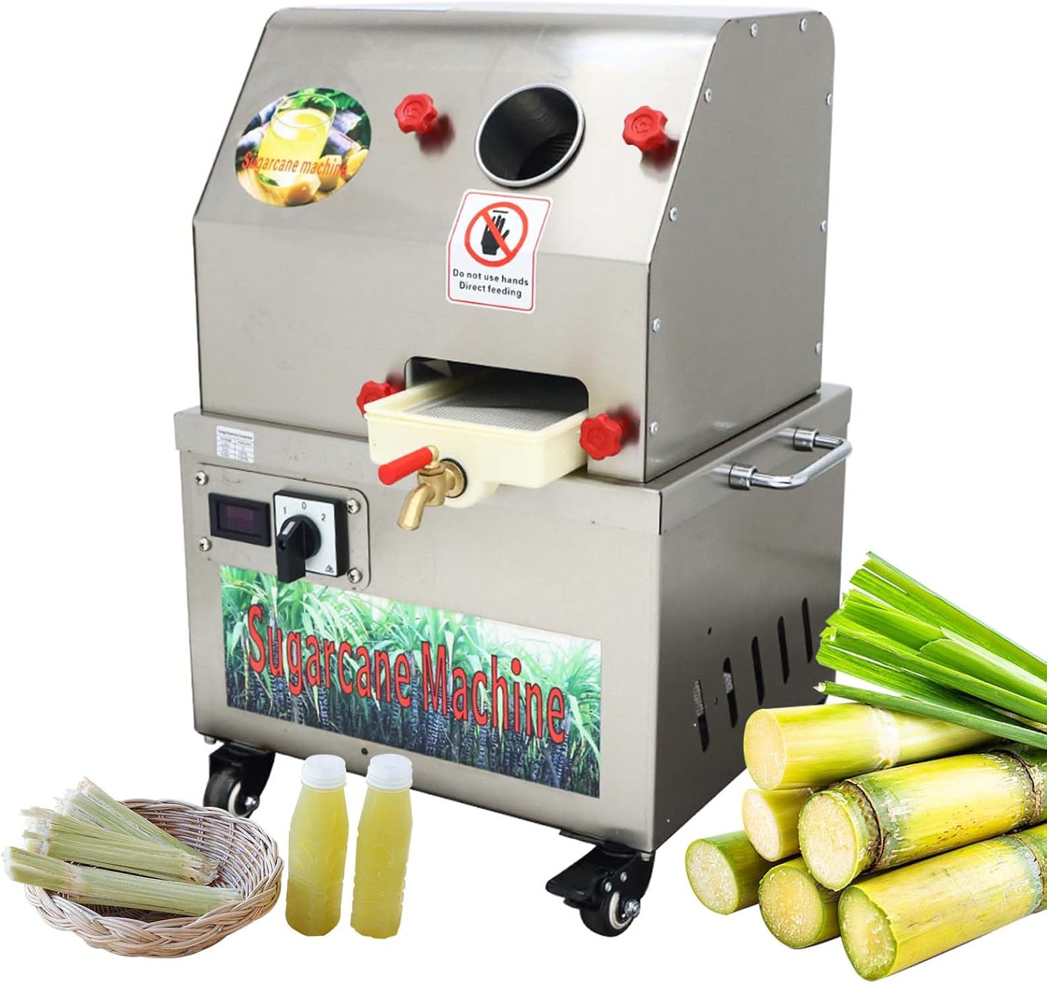 24V DC/110V AC Sugarcane Juice Machine,60%-80% Yield, 3-Roller Stainless Steel Sugar Cane Juicer Machine, Cane Juicer with filter box, for Home or Commercial Use