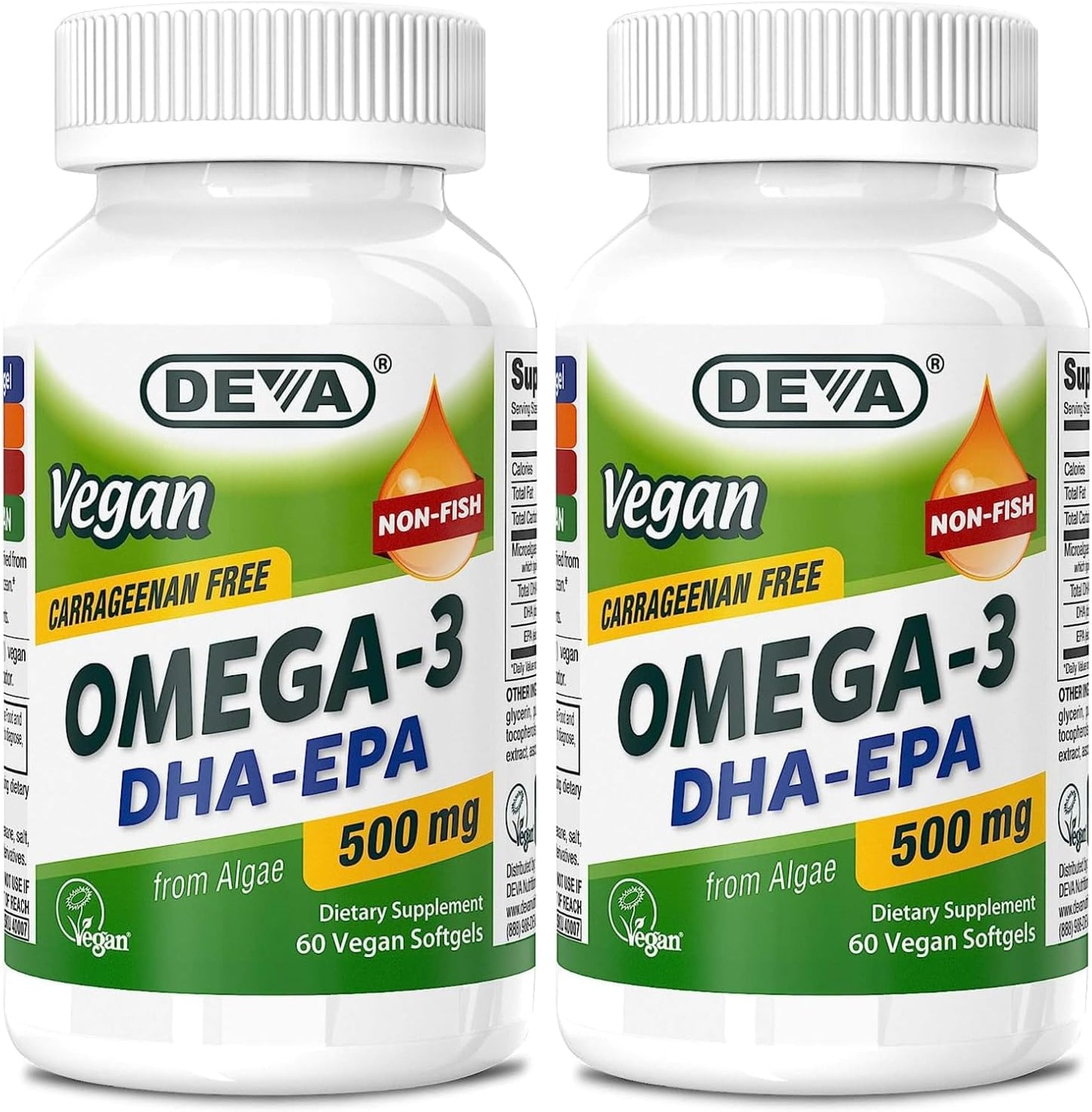 DEVA Vegan Omega-3 DHA-EPA 500MG 2-Pack \u2013 No Carrageenan, Non-Fish Oil Derived from Algae, Non-GMO, 60 Gelatin-Free Softgels Ea