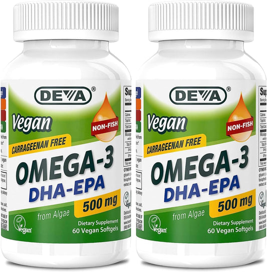DEVA Vegan Omega-3 DHA-EPA 500MG 2-Pack \u2013 No Carrageenan, Non-Fish Oil Derived from Algae, Non-GMO, 60 Gelatin-Free Softgels Ea