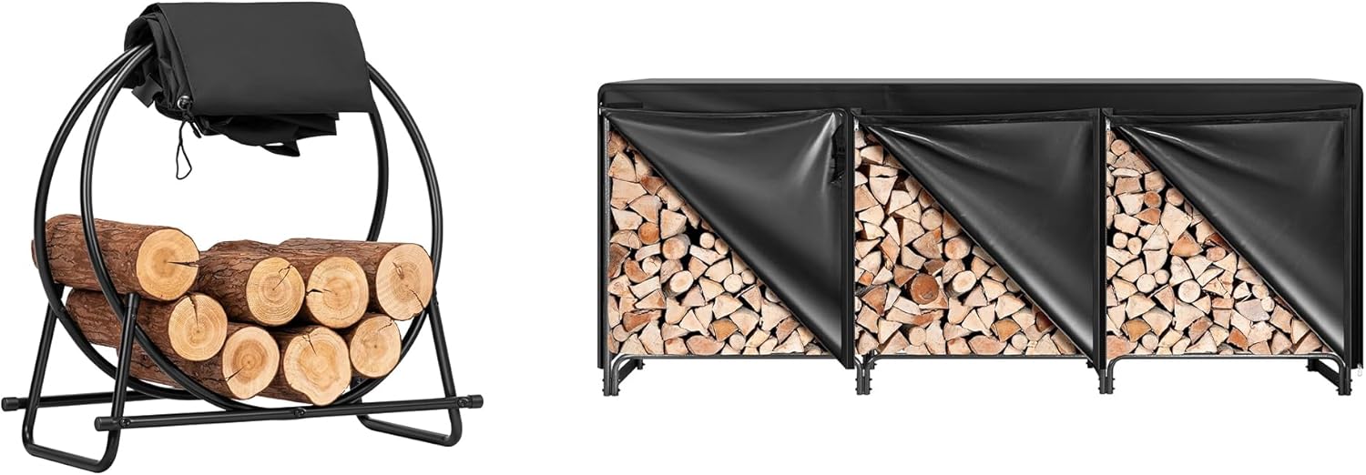 VIVOHOME 28 in Firewood Log Rack Hoop with Cover for Indoor Outdoor Patio Deck Porch, with 10 ft Firewood Rack Outdoor with Cover, Log Holder and Cover Combo Set with Zipper, Black
