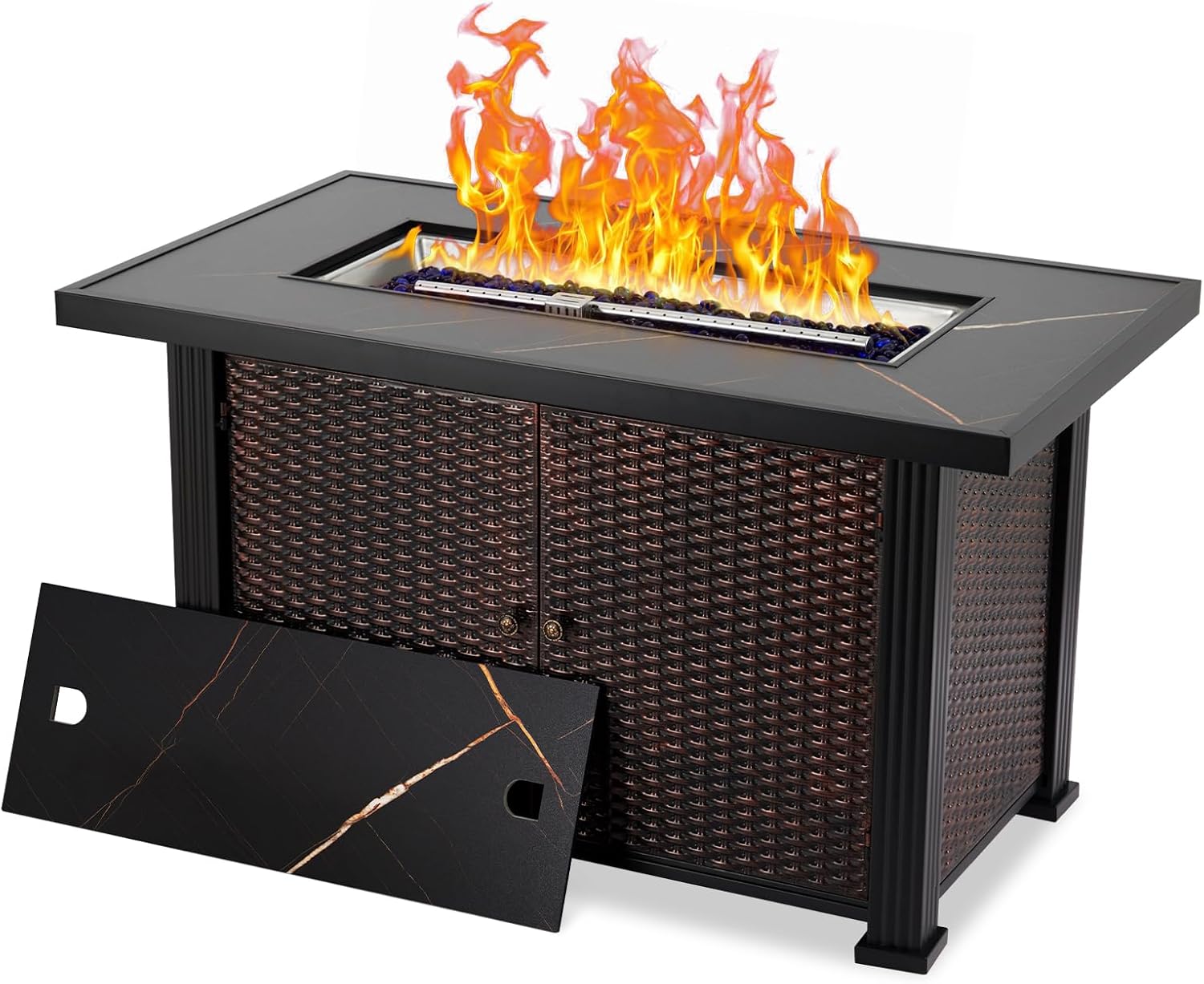 44 Inch Outdoor Propane Fire Pit, 50,000 BTU Gas Fire Pit Table with Lid, Rectangle Gas Fire Pit with Lava Rocks, 2-in-1 Fire Table for Patio, Backyard, Garden,Brown