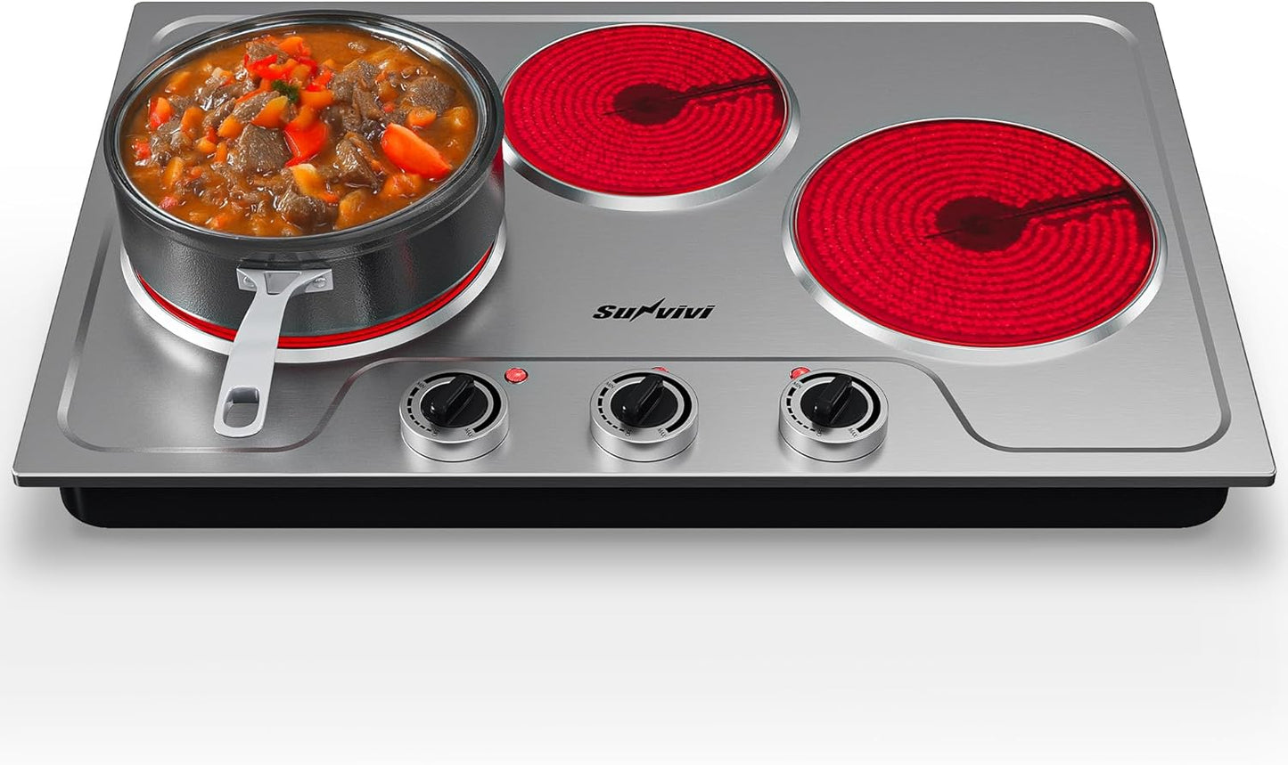 Sunvivi 1800W Triple Burner Portable Electric Ceramic Stove \u2013 Knob Control, Indicator Light, Compatible with All Cookware, Ideal for Multiple Cooking Scenarios, Silver