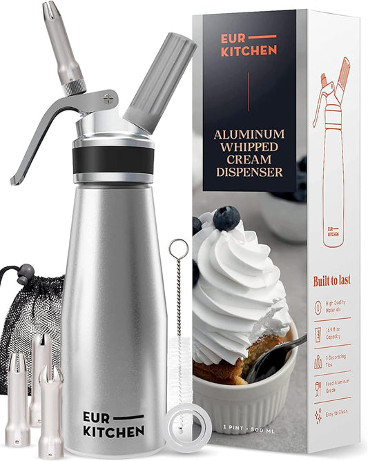 EurKitchen Professional Aluminum Whipped Cream Dispenser - Leak-Free Whip Cream Maker Canister with 3 Decorating Nozzles & Cleaning Brush - 1-Pint \/ 500 mL Cream Whipper - N2O Chargers (Not Included)
