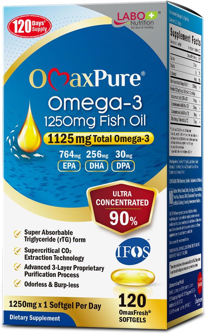 LABO Nutrition OmaxPure Omega3 Fish Oil - 1125mg Omega 3 IFOS Certified - High Potency rTG Omega Fish Oil Supplement with DHA & EPA - 120 Softgels
