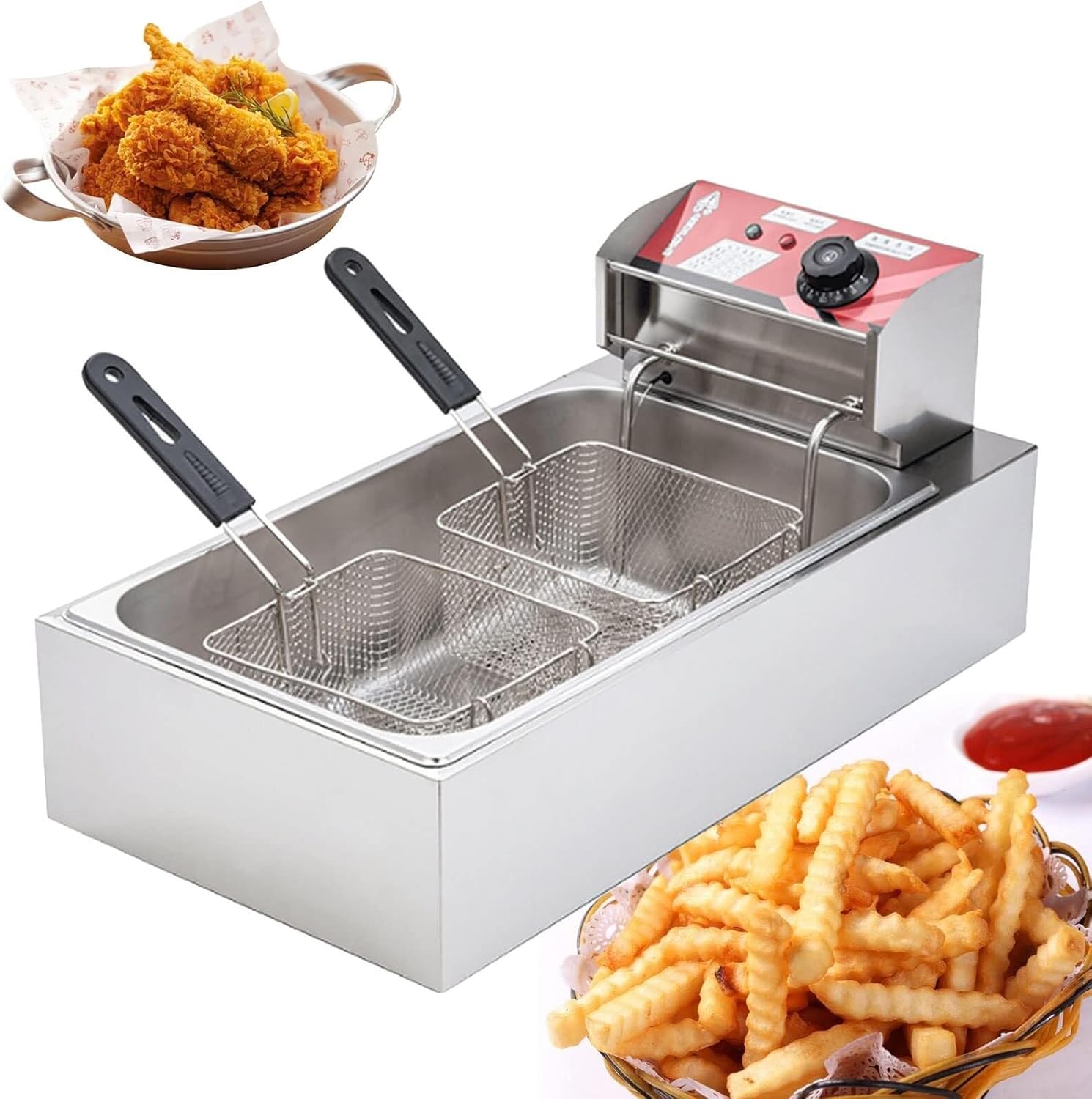 Electric Deep Fat Fryer, 12L Double Fryer with Lids and 2 Oil Basketes, 60-250°C Adjustable Temperature, Easy Clean Removable Basket, Lid & Non-Slip Feet,3000W