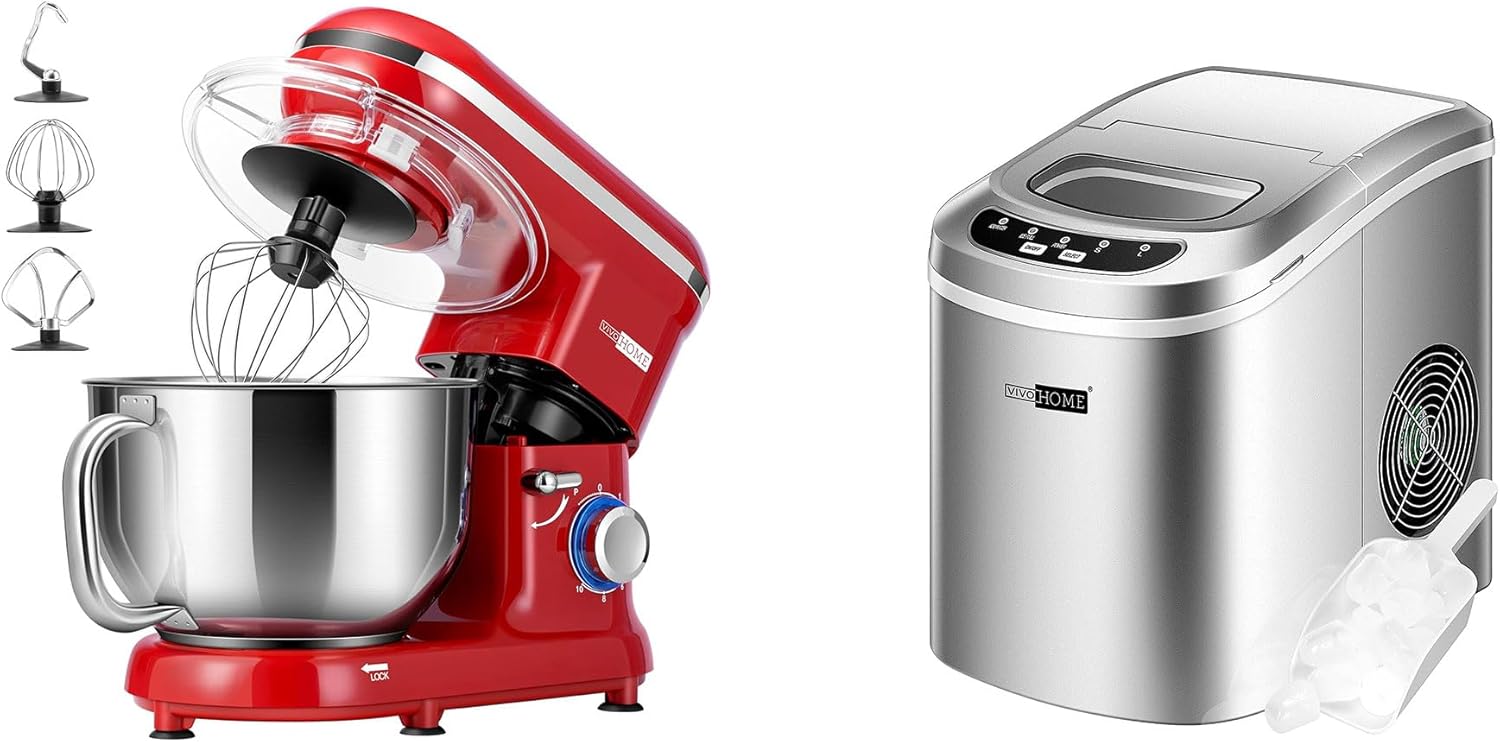 VIVOHOME Stand Mixer, 660W 10 Speed 6 Quart Red & Electric Portable Ice Cube Maker Machine 26lbs/Day Silver