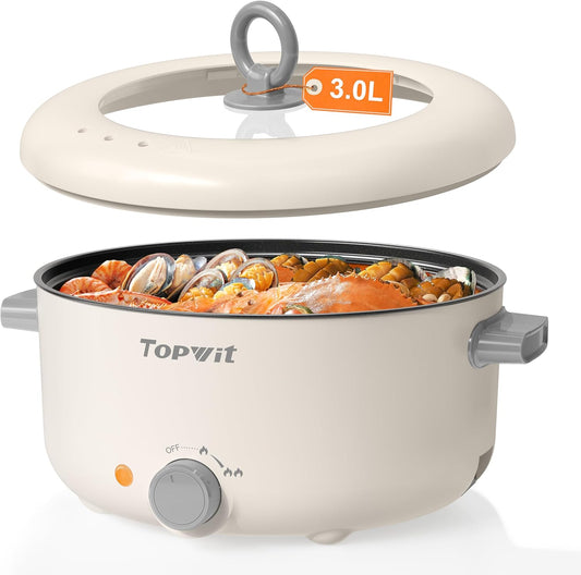 TOPWIT Electric Pot, 3L Hot Pot Electric, Rapid Noodles Cooker, Non-Stick Frying Pan, Multifunctional Electric Hot Pot for Steak, Egg, Ramen, Soup, Shabu Shabu Pot for Camping, RVs, Party, Beige