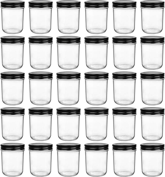 QAPPDA 6oz Glass Jars With Lids,Small Mason Jars Wide Mouth,Mini Canning Jars With Black Lids,Kitchen Storage Jars For Honey,Jam,Jelly,Baby Foods,Wedding Favor,Shower Favors,Spice Jars Set of 30