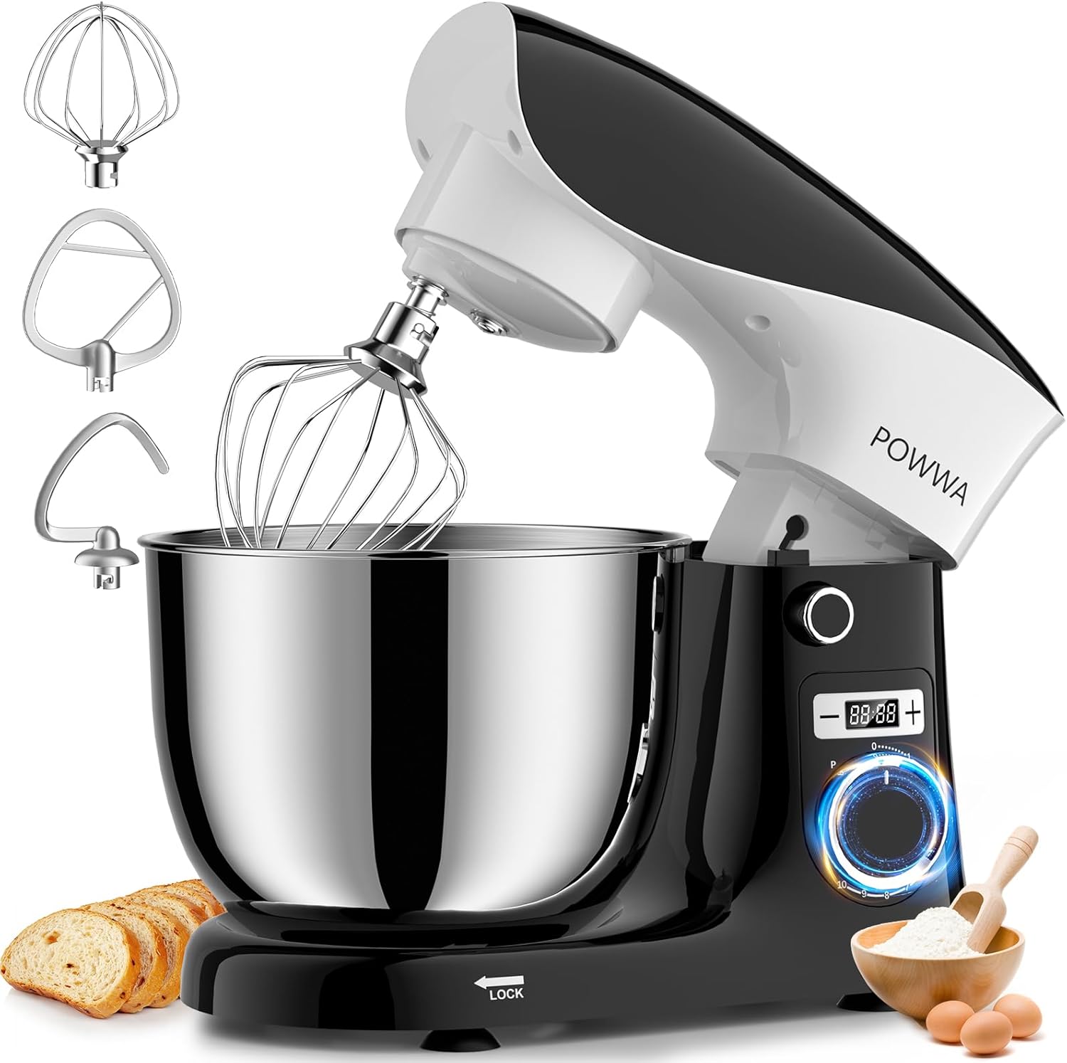 Stand Mixer, POWWA 6.5 QT 10 Speeds Tilt-Head Electric Stand Mixer, 3-In-1 Kitchen Mixer with Bowl, Dough Hook, Whisk and Beater, Food Mixer for Baking and Daily Use (Black White)